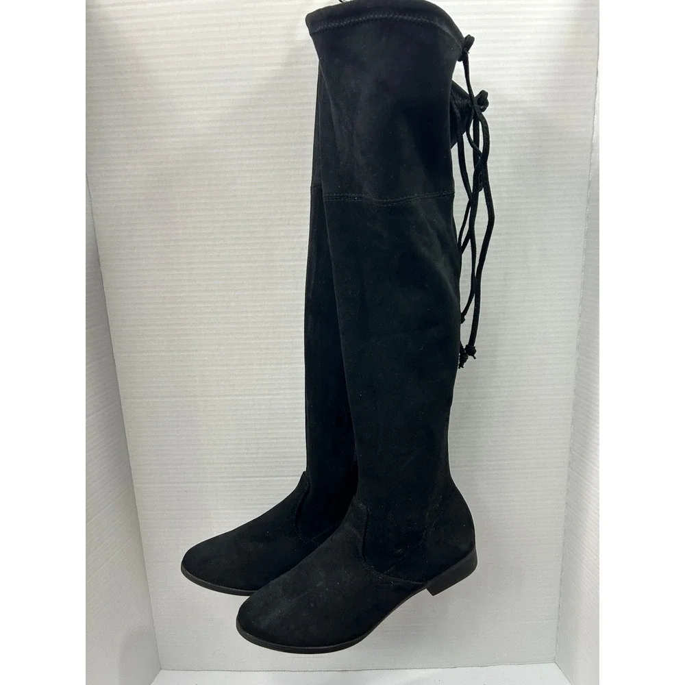 No Boundaries Suede OTK Boots 10 Black Lace Up Back Memory Foam Goth Minimalist